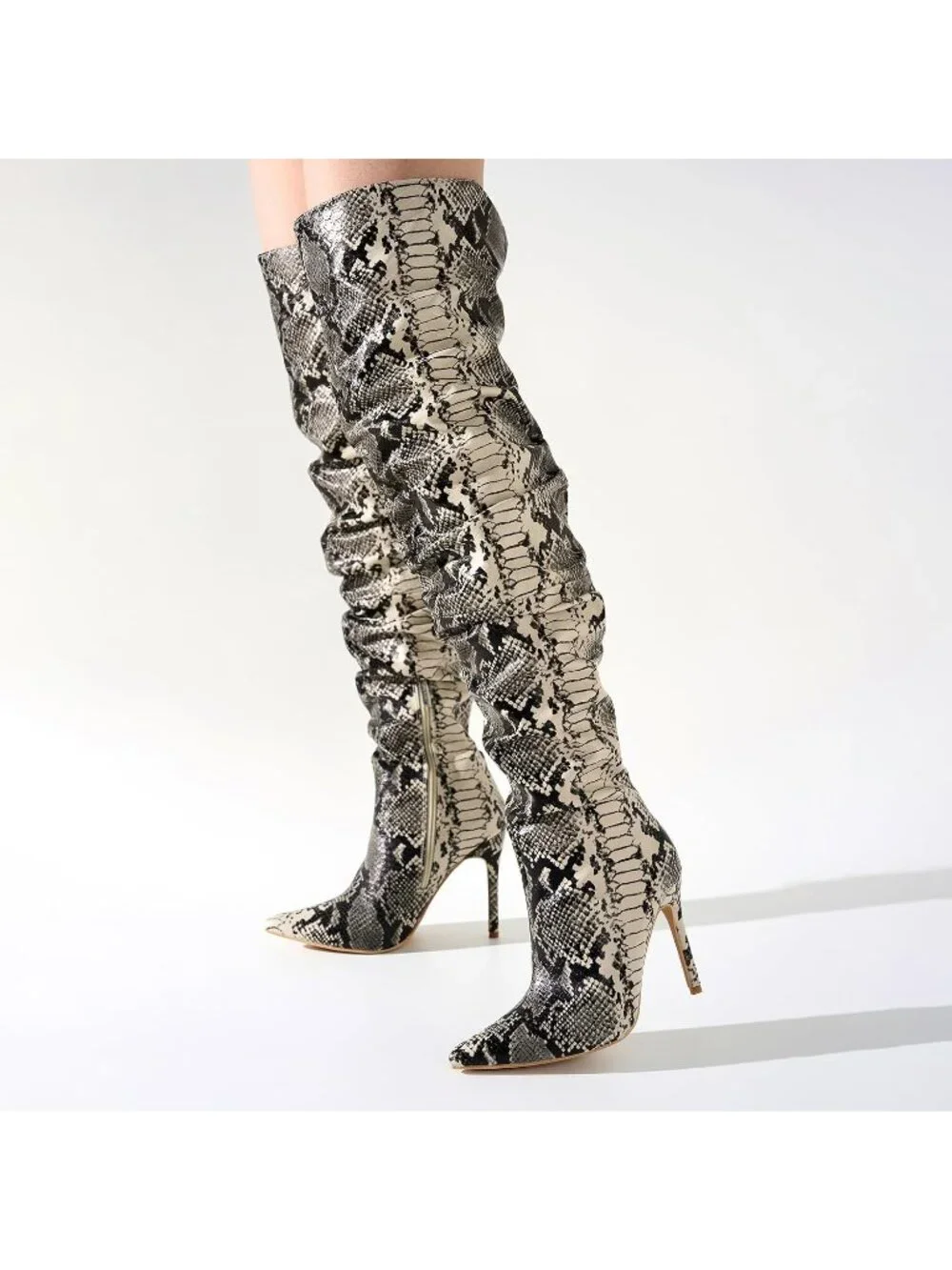 Women's Snake Pointed Toe Thigh High Stiletto Heels Slouchy Over-the-Knee Boots